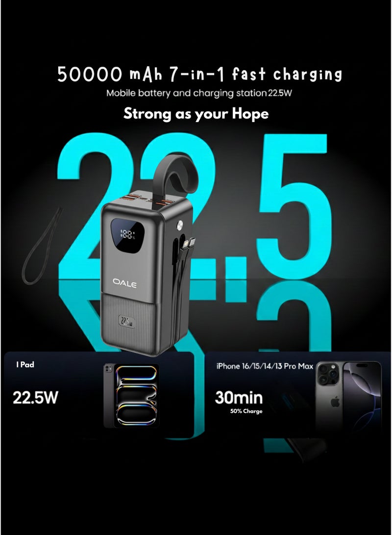 Oale 50000mAh Power Bank with LED Display & Camping Lamp – 22.5W PD Fast Charging, 4 Built-in Cables (USB, Type-C, Lightning, Mini USB) – Fast Charger for iPhone 15/14/13, Samsung Galaxy S24/S23, Xiaomi, Oppo, Vivo, Huawei – Outdoor Party & Camping Backup – Black - Image 2