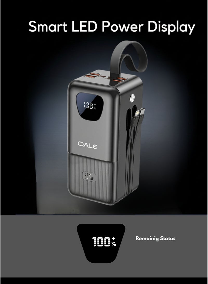 Oale 50000mAh Power Bank with LED Display & Camping Lamp – 22.5W PD Fast Charging, 4 Built-in Cables (USB, Type-C, Lightning, Mini USB) – Fast Charger for iPhone 15/14/13, Samsung Galaxy S24/S23, Xiaomi, Oppo, Vivo, Huawei – Outdoor Party & Camping Backup – Black - Image 3