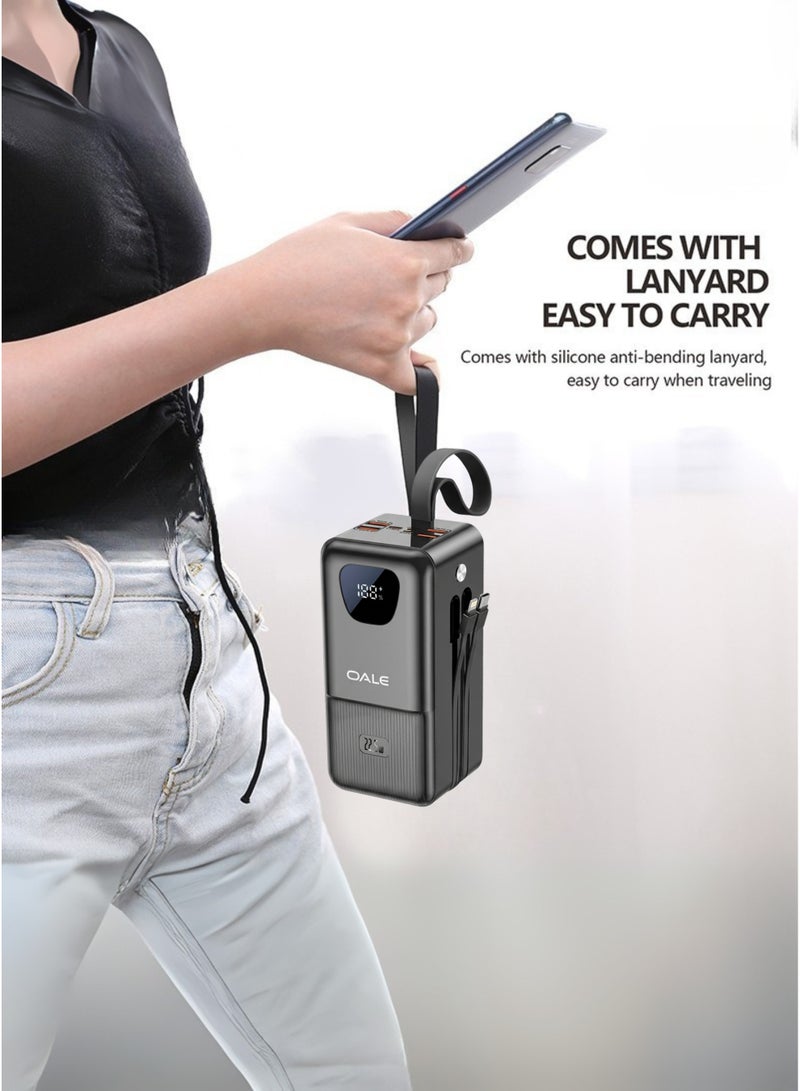 Oale 50000mAh Power Bank with LED Display & Camping Lamp – 22.5W PD Fast Charging, 4 Built-in Cables (USB, Type-C, Lightning, Mini USB) – Fast Charger for iPhone 15/14/13, Samsung Galaxy S24/S23, Xiaomi, Oppo, Vivo, Huawei – Outdoor Party & Camping Backup – Black - Image 4