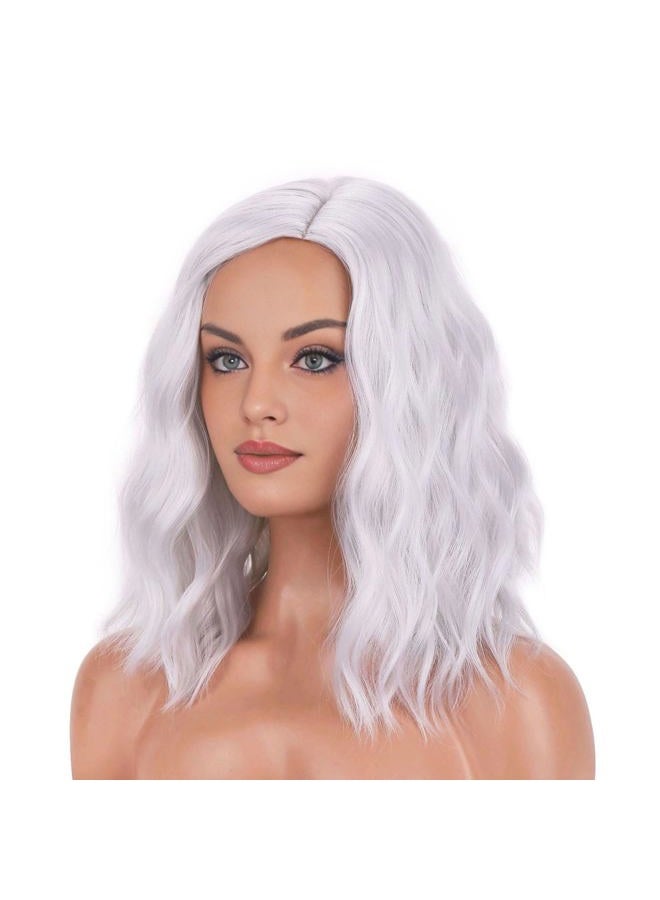 BERON Silver Wig Short Curly Wig Bob Wig Silver White Wigs Women Girls Beach Wave Wigs for Cosplay Costume Party Wig Cap Included - Image 3
