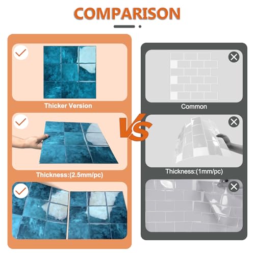 BESTWOO 10 Sheet Thicker Peel and Stick Backsplash Tile, 12"x12" 3D Self Adhesive Square Mosaic Subway Checkered Vinyl Backsplash Stick on Wall Tiles for Bathroom, Kitchen, Living Room (10, Blue) - Image 5