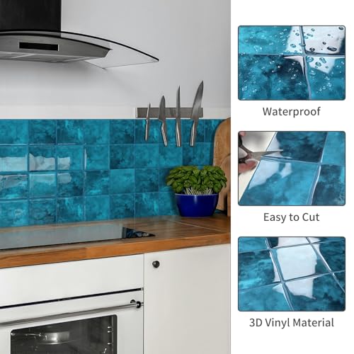 BESTWOO 10 Sheet Thicker Peel and Stick Backsplash Tile, 12"x12" 3D Self Adhesive Square Mosaic Subway Checkered Vinyl Backsplash Stick on Wall Tiles for Bathroom, Kitchen, Living Room (10, Blue) - Image 3