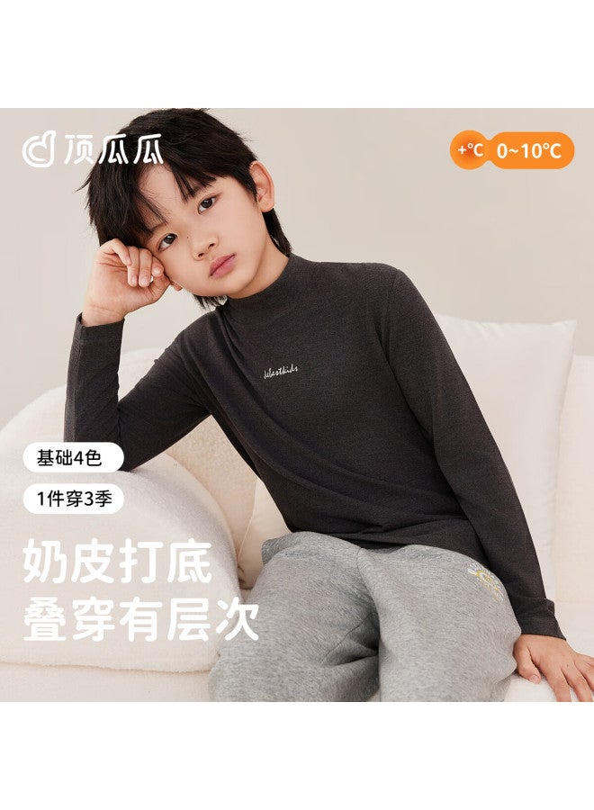 Dingguagua Boys' Long Sleeve Cashmere Base Shirt Mid-neck Children's Thermal Autumn Wear Gray 130