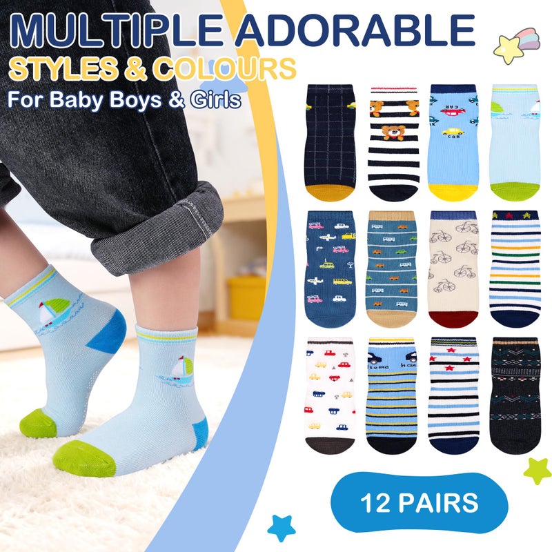 GRPSKCOS Toddler Non Slip Socks- 12 Pairs Anti Skid Toddler Socks Cute Crew Grips Socks for Boys Girls Children(#1 Car Style, 3-5T) - Image 5