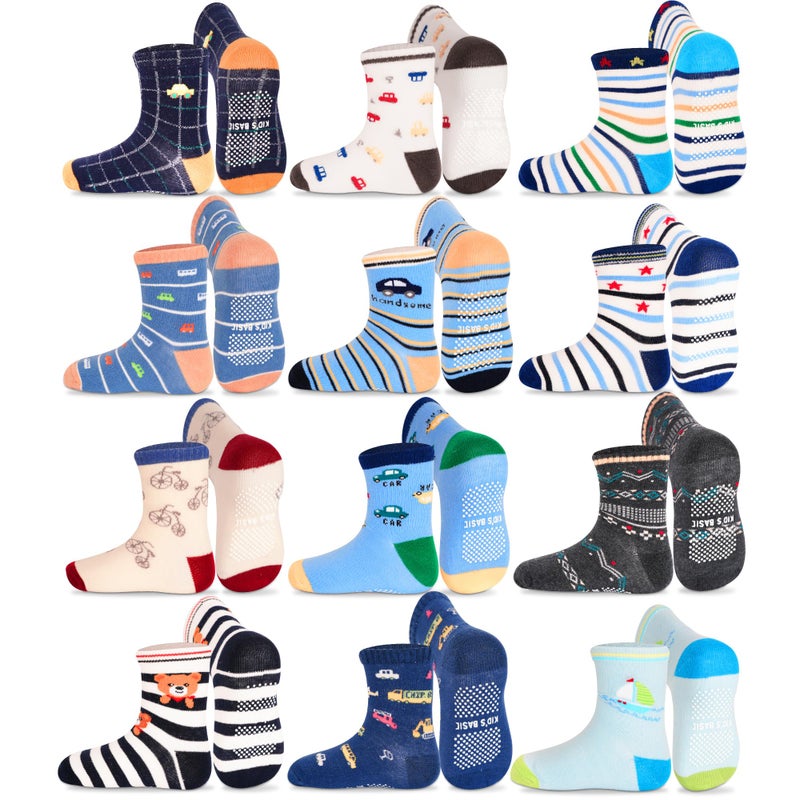 GRPSKCOS Toddler Non Slip Socks- 12 Pairs Anti Skid Toddler Socks Cute Crew Grips Socks for Boys Girls Children(#1 Car Style, 3-5T) - Image 1