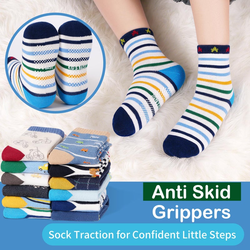 GRPSKCOS Toddler Non Slip Socks- 12 Pairs Anti Skid Toddler Socks Cute Crew Grips Socks for Boys Girls Children(#1 Car Style, 3-5T) - Image 3