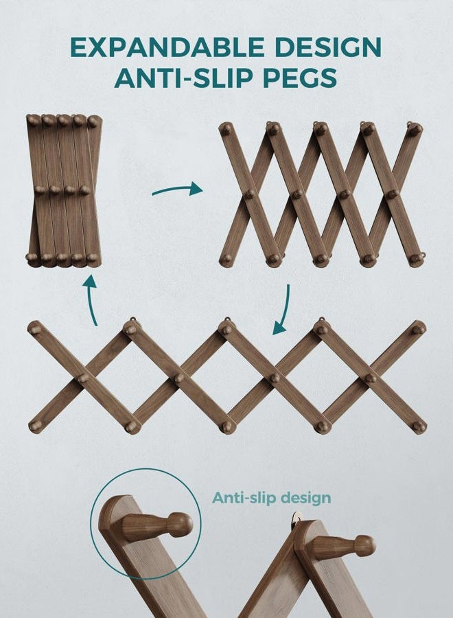 OROPY Wood Accordion Wall Hanger, Expandable Coat Rack Wall Mount with 14 Pegs, Expanding Hat Rack for Wall, X Shape, 27"×10", Walnut Color - Image 4