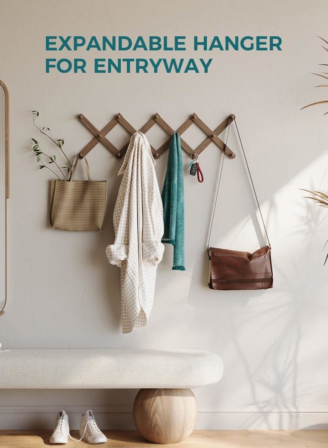 OROPY Wood Accordion Wall Hanger, Expandable Coat Rack Wall Mount with 14 Pegs, Expanding Hat Rack for Wall, X Shape, 27"×10", Walnut Color - Image 2