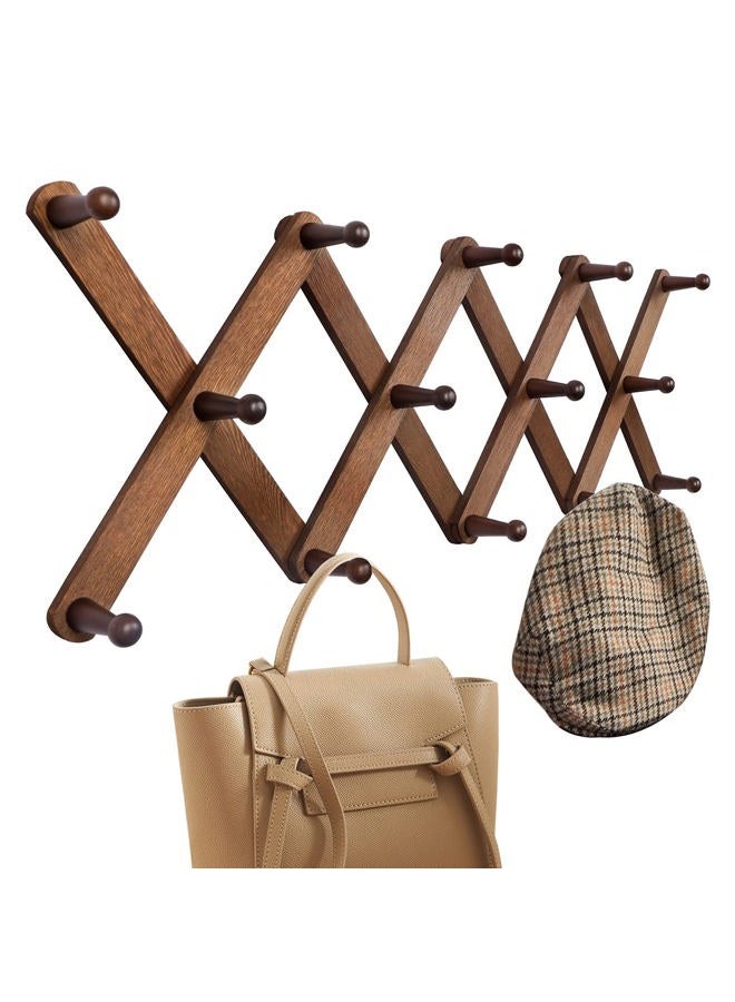 OROPY Wood Accordion Wall Hanger, Expandable Coat Rack Wall Mount with 14 Pegs, Expanding Hat Rack for Wall, X Shape, 27"×10", Walnut Color - Image 1