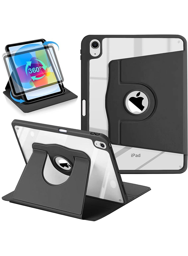 Theodor Rotating Case for iPad (A16) 11th Gen 11 Inch/10th Generation 10.9 Inch (2025/2022) with Pencil Holder, 360 Degree Rotation Shockproof Folio Stand Cover Clear Back, Auto Wake/Sleep Black