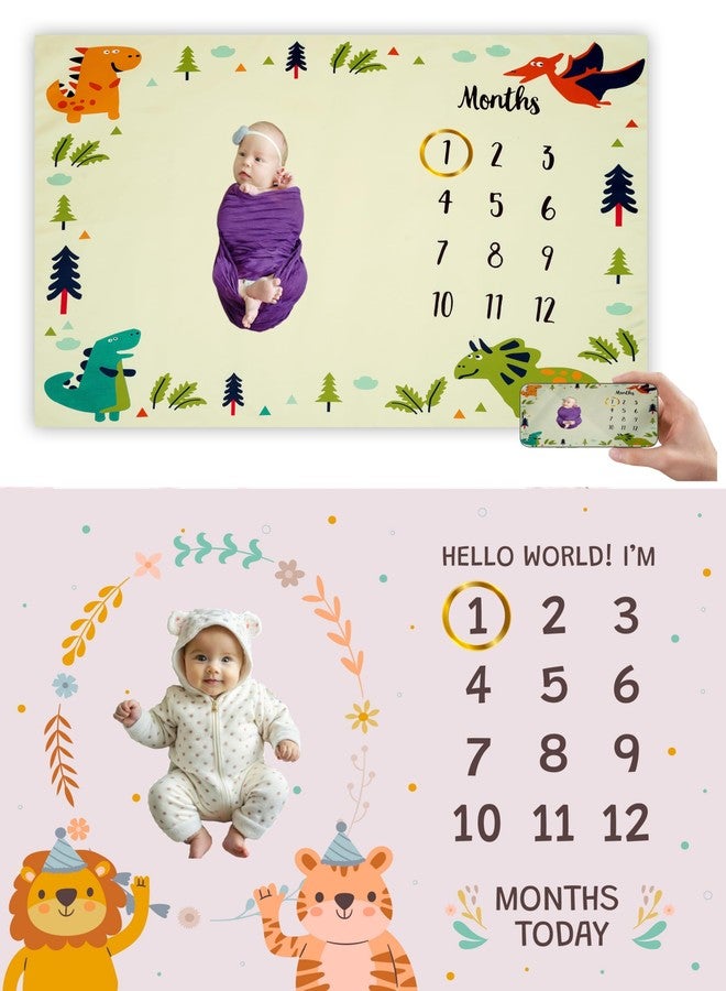 Hoolloomooloo Combo Pack of 2 Baby Monthly Milestone Blankets - Jungle Animal & Dinosaur Themes for Newborn Photography, Soft Fleece Mat for 1-12 Month Photo Shoots - Image 1