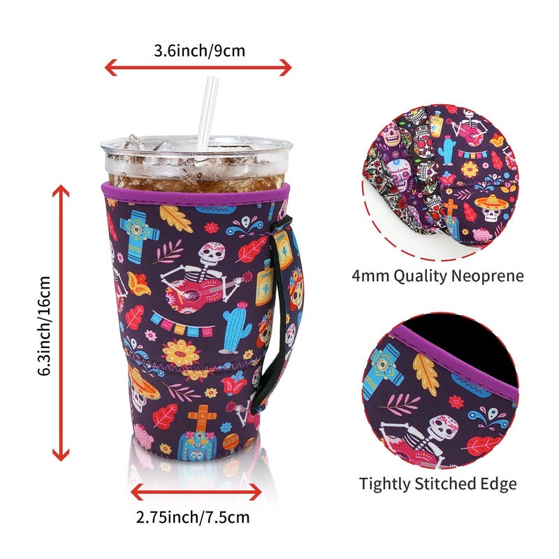 AJLTPA 4Pack Reusable Iced Coffee Sleeve Insulator Sleeves for Cold Drinks Beverages  Neoprene Cup Holder for Most Coffee  Fits 30-32oz Large Cups (Sugar Skull with handle) - Image 2