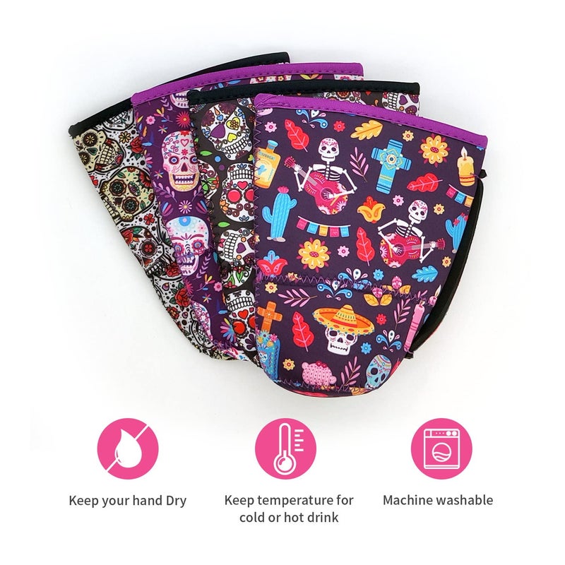 AJLTPA 4Pack Reusable Iced Coffee Sleeve Insulator Sleeves for Cold Drinks Beverages  Neoprene Cup Holder for Most Coffee  Fits 30-32oz Large Cups (Sugar Skull with handle) - Image 3