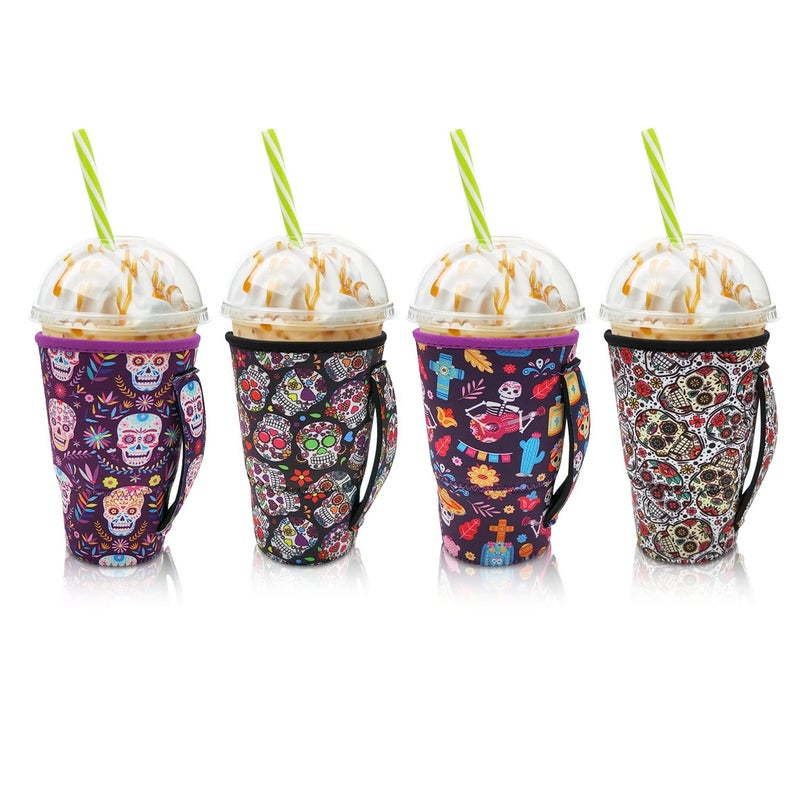 AJLTPA 4Pack Reusable Iced Coffee Sleeve Insulator Sleeves for Cold Drinks Beverages  Neoprene Cup Holder for Most Coffee  Fits 30-32oz Large Cups (Sugar Skull with handle) - Image 1