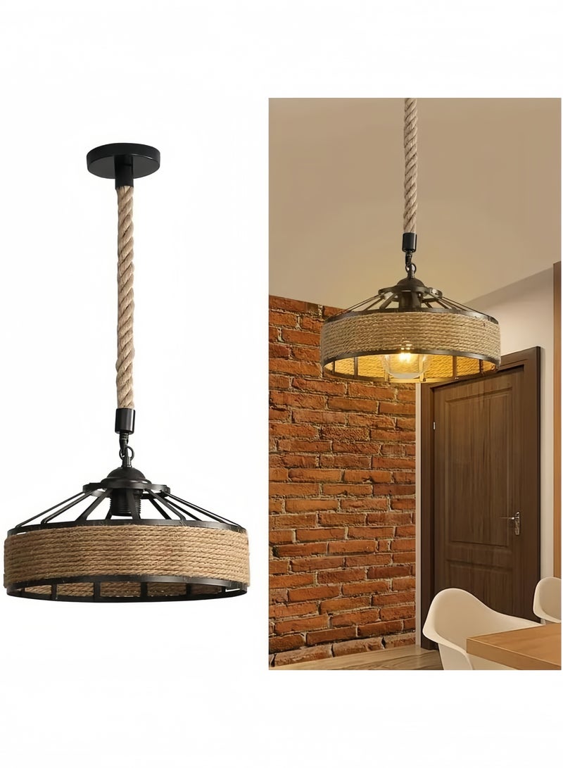 جيجيرو ثريا عتيقة من حبل القنب، مصباح معلق مع غطاء مصباح من الحبل، مصابيح معلقة مع ضوء E27، ثريا ريفية، وحدة إضاءة سقف لغرفة المعيشة، غرفة النوم، المطبخ (أ) - Image 1