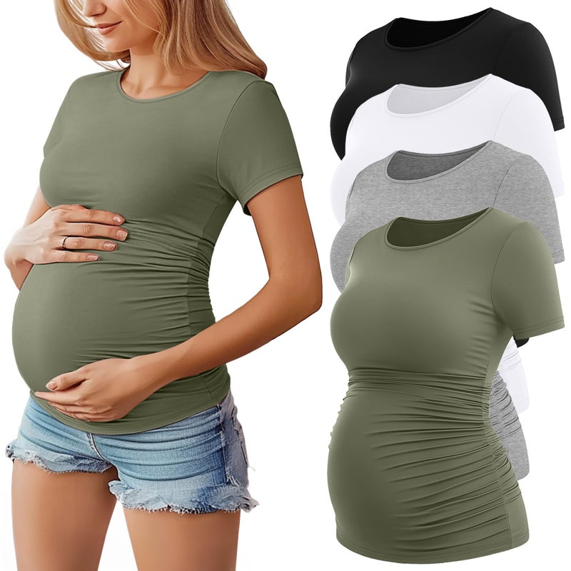 Huukeay 4 Pack Womens Maternity Shirts Crew Neck Maternity Top Short Sleeve Casual Cotton Tee Side Ruched Pregnancy ClothesBlack Army Green Light Heather Gray WhiteMedium