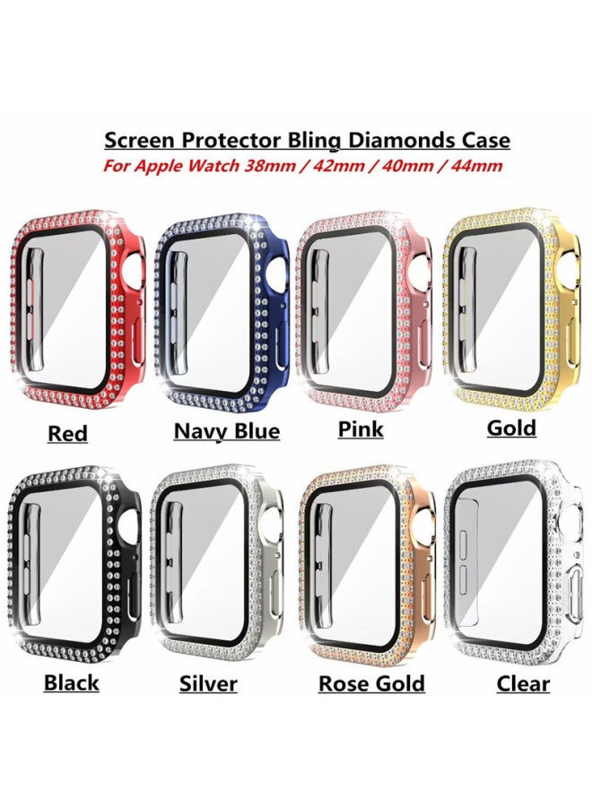 Applicable To For Apple Watch Protective Case 6/5/4/SE Generation Iwatthc Diamond Double Diamond Protective Case Frame Tempered Film-Color:Silver-Exterior Dimension:44mm - Image 1