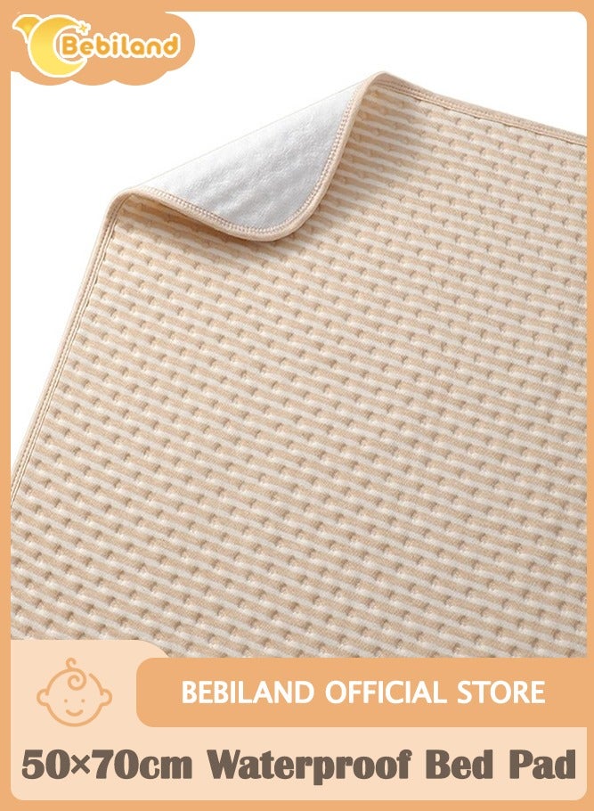 50×70cm Waterproof Bed Pad, 4-Layer Incontinence Pad with 100% Cotton Surface, Washable Mattress Protector for Babies, Toddlers, and Adults, BrownStripes