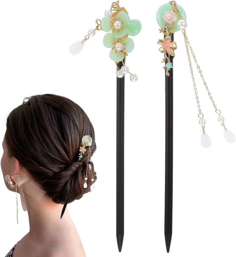 2 Pcs Wooden Floral Hair Chopsticks Chinese Hair Sticks for Women Retro Wooden Hairpins Japanese Floral Hairsticks Vintage Tassel Flower Hairpins Accessories for Women Girls Green