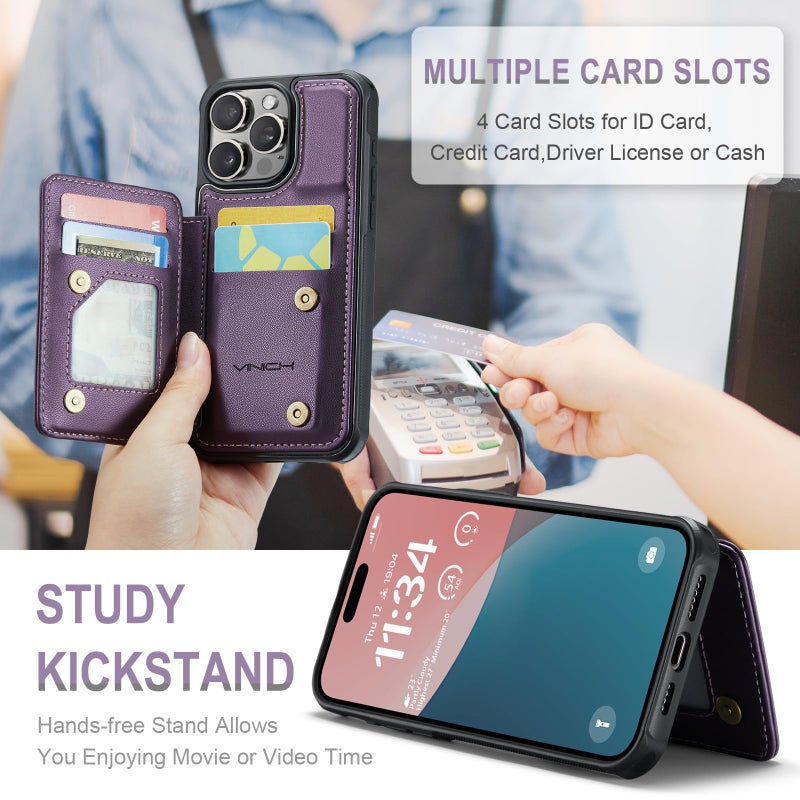 Vinich for iPhone 16 Pro Max Wallet Case with Card Holder, RFID Blocking Credit Slots Kickstand Shockproof Phone Cover Fit for iPhone 16 Pro Max 6.9" Purple - Image 4