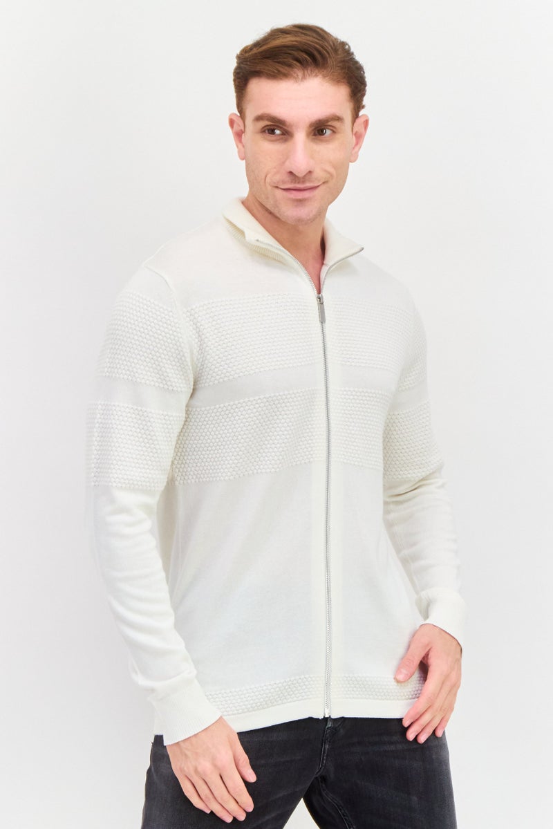 Men Mock Neck Long Sleeves Plain Cardigan, White