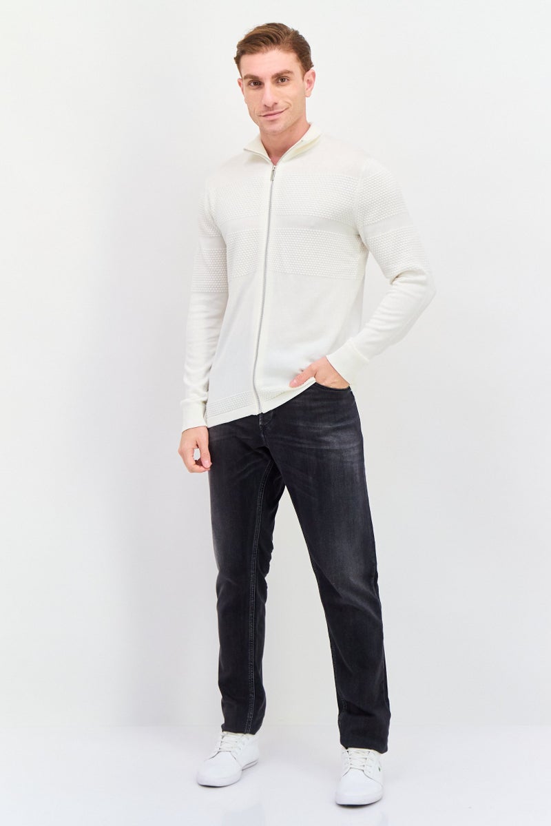 Men Mock Neck Long Sleeves Plain Cardigan, White