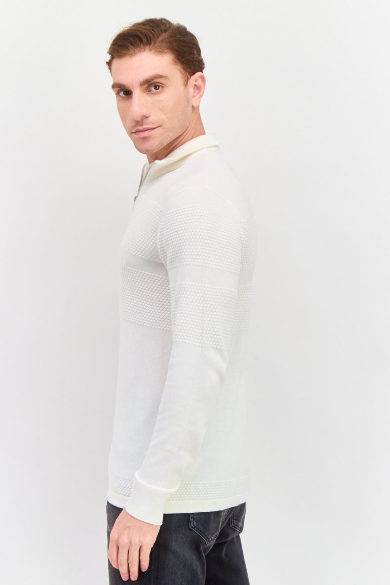 Men Mock Neck Long Sleeves Plain Cardigan, White