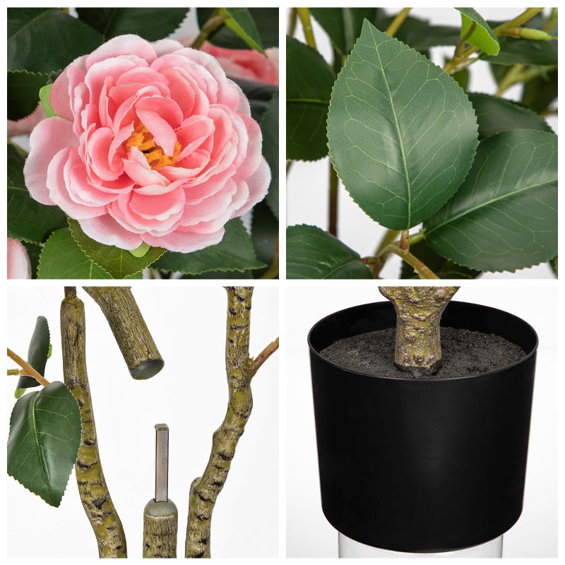 DILATATA 3ft Artificial Camellia Tree Fake Camellia Plant with Pink Flowers Faux Floral Plant Blooming Tree in Black Pot for Indoor Outdoor Office Home Front Door Porch Decor (1 Pack - Pink) - Image 2