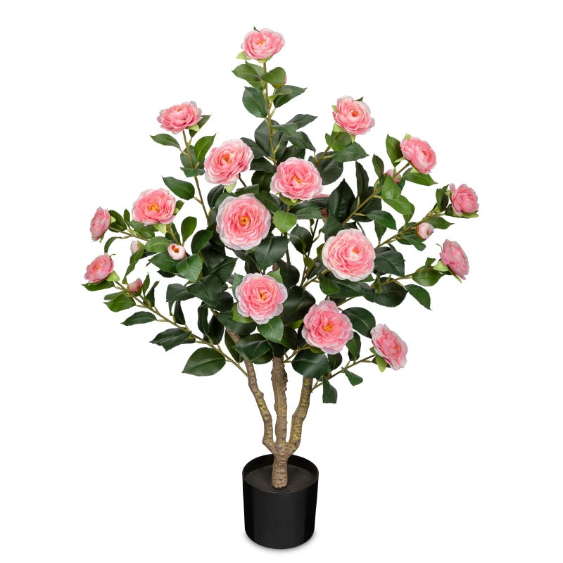 DILATATA 3ft Artificial Camellia Tree Fake Camellia Plant with Pink Flowers Faux Floral Plant Blooming Tree in Black Pot for Indoor Outdoor Office Home Front Door Porch Decor (1 Pack - Pink) - Image 1