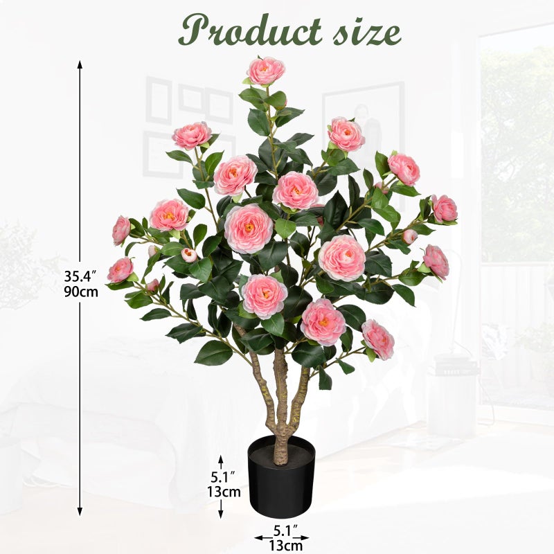 DILATATA 3ft Artificial Camellia Tree Fake Camellia Plant with Pink Flowers Faux Floral Plant Blooming Tree in Black Pot for Indoor Outdoor Office Home Front Door Porch Decor (1 Pack - Pink) - Image 3