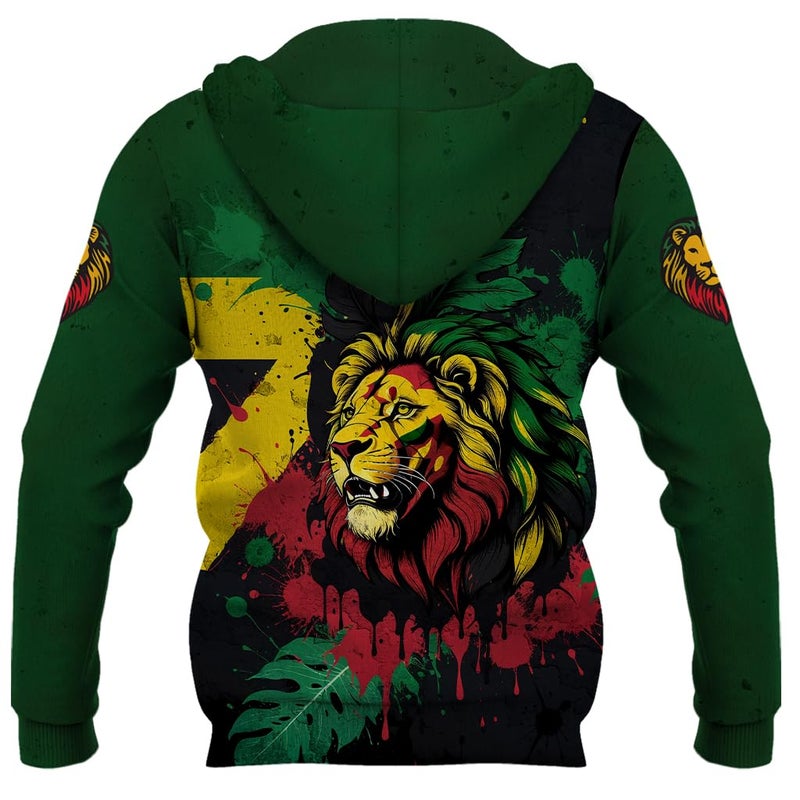 BJU Jamaica Flag Hoodie Drawstring Pullover Lion Graphic 3D Printed Long Sleeve Sweatshirt Unisex - Image 3