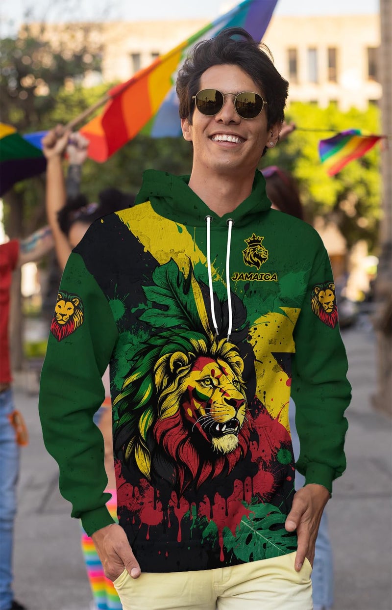 BJU Jamaica Flag Hoodie Drawstring Pullover Lion Graphic 3D Printed Long Sleeve Sweatshirt Unisex - Image 5