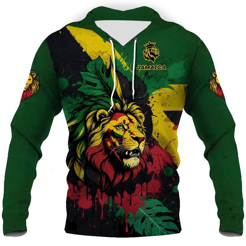 BJU Jamaica Flag Hoodie Drawstring Pullover Lion Graphic 3D Printed Long Sleeve Sweatshirt Unisex - Image 1