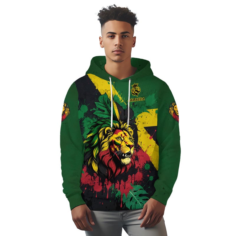 BJU Jamaica Flag Hoodie Drawstring Pullover Lion Graphic 3D Printed Long Sleeve Sweatshirt Unisex - Image 2