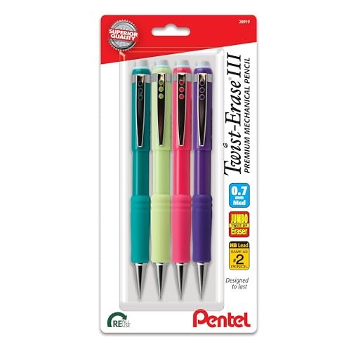 Pentel Twist-Erase III Mechanical Pencil, (0.7mm), Medium Line, Assorted Fashion Color Barrels, Pack of 4 (QE517FBP4M) - Image 1