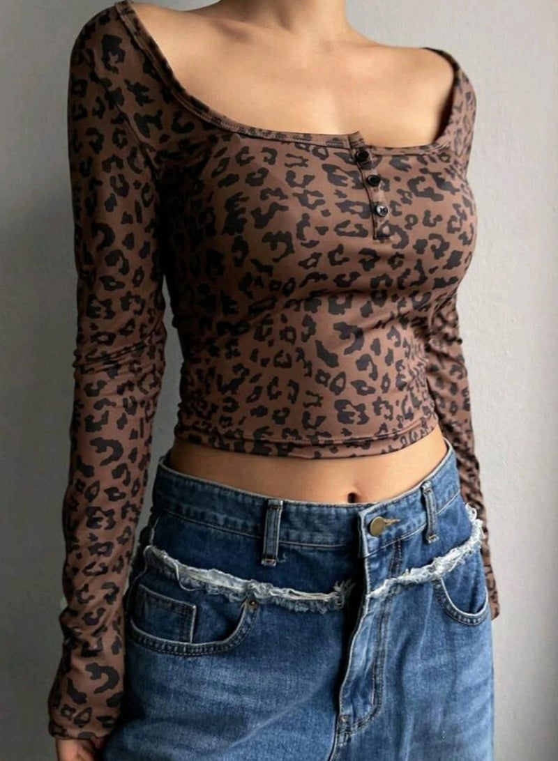 DAZY Leopard Print Patchwork Casual Fitted Long Sleeve BLOUSE For Women, - Image 3