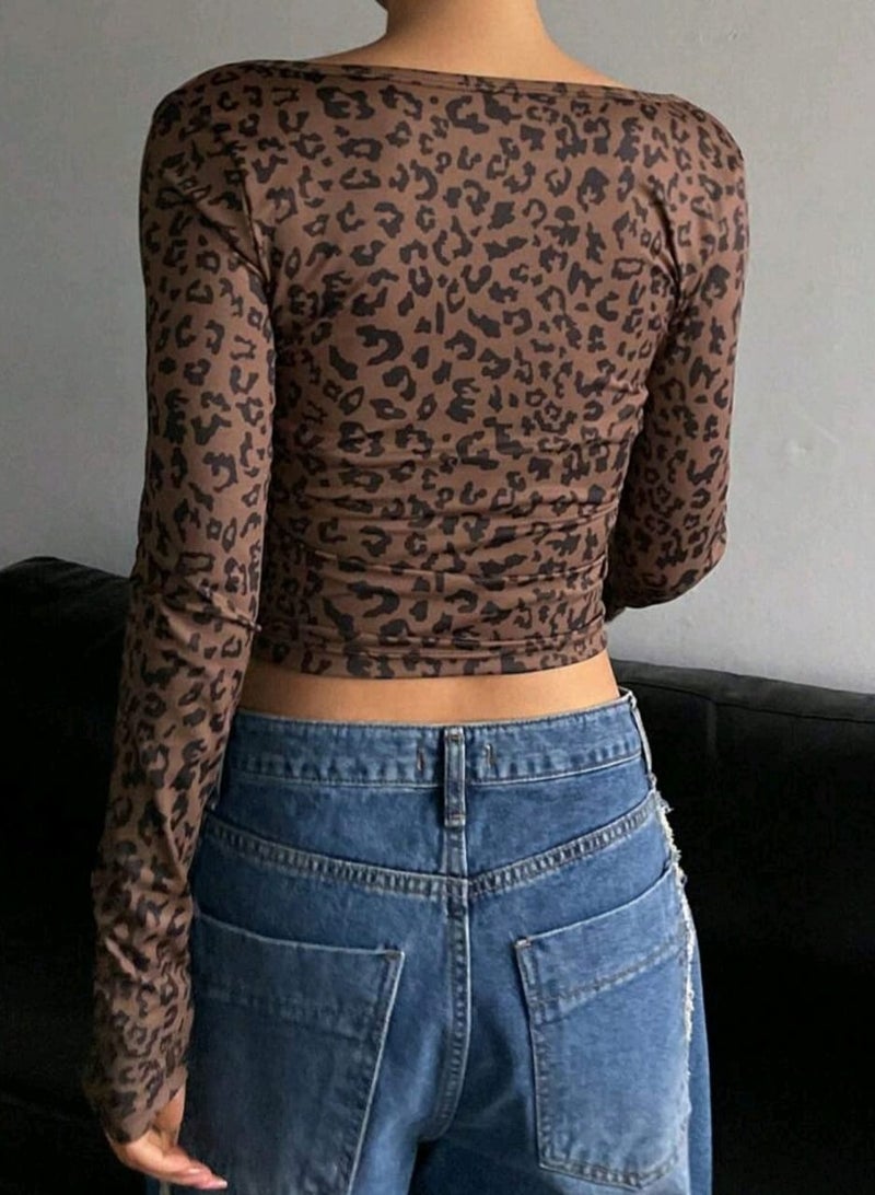 DAZY Leopard Print Patchwork Casual Fitted Long Sleeve BLOUSE For Women, - Image 4