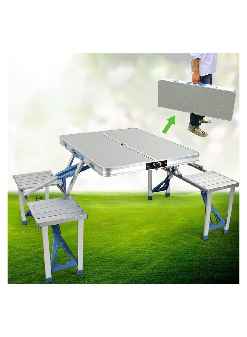 DubaiGallery Outdoor Folding Table and Chair Set, Portable Picnic Table with 4 Seats, Suitcase Camping Table and Chair Set, Barbecue Table for Backyard Patio (Silver)  - Image 3