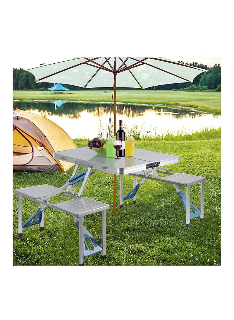 DubaiGallery Outdoor Folding Table and Chair Set, Portable Picnic Table with 4 Seats, Suitcase Camping Table and Chair Set, Barbecue Table for Backyard Patio (Silver)  - Image 5