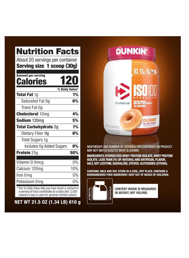 Dymatize ISO100 Hydrolyzed Protein Powder Dunkin' Glazed Donut 1.34lb 20 Servings - Image 5