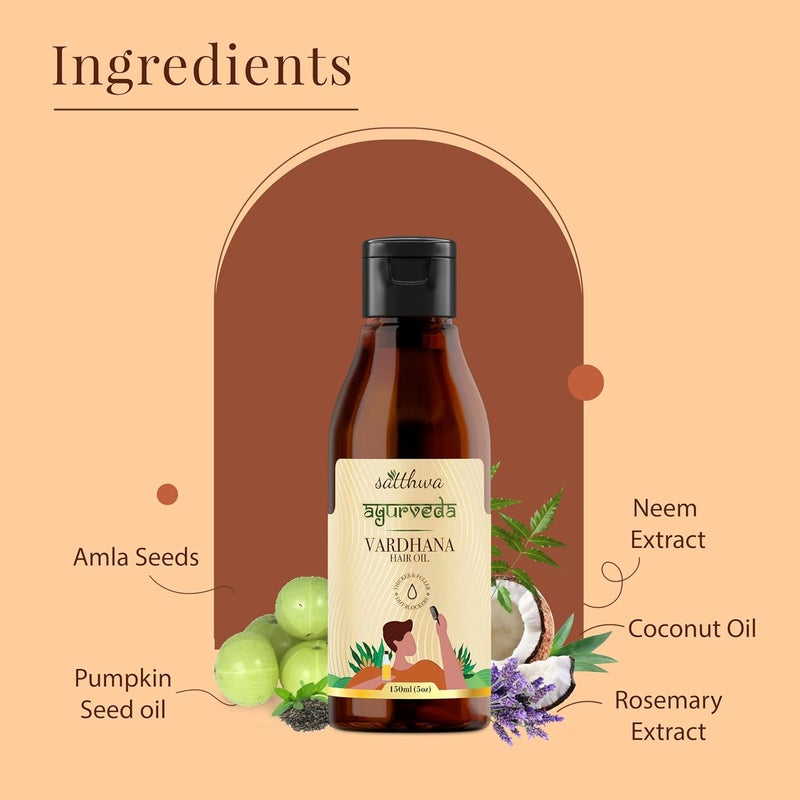Satthwa Ayurveda Vardhana Hair Oil With Pumpkin Seed Oil Saw Palmetto as Natural DHT Blockers Helps Control Hair Fall and Strong hair Paraben Free 150ml - Image 3
