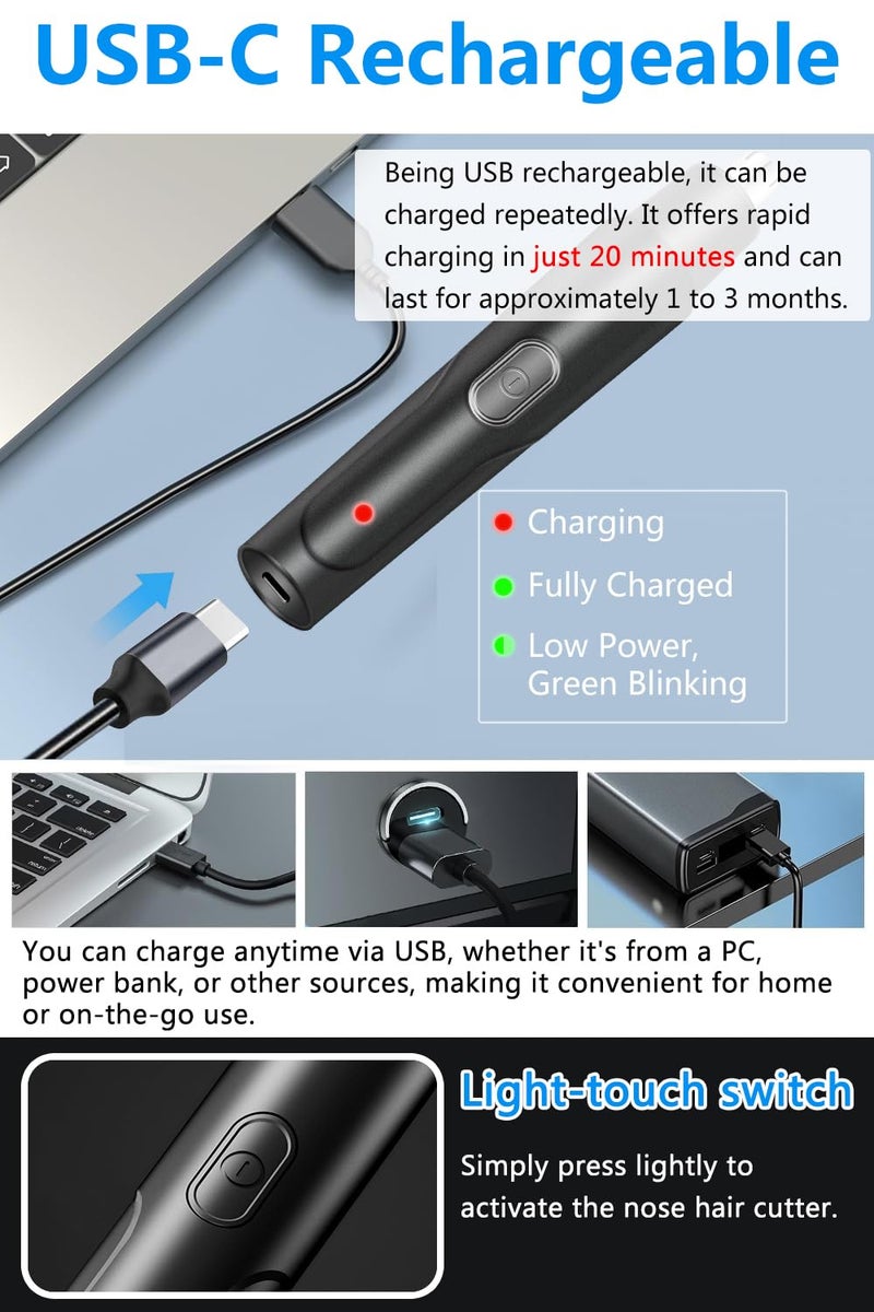 HILIYOT Nose Hair Trimmer, USB Rechargeable, Professional Painless Ear Hair Trimmer, for Men Women, Powerful Motor, Dual-Edge Blades for Smoother Cutting, Low Noise, Black - Image 3