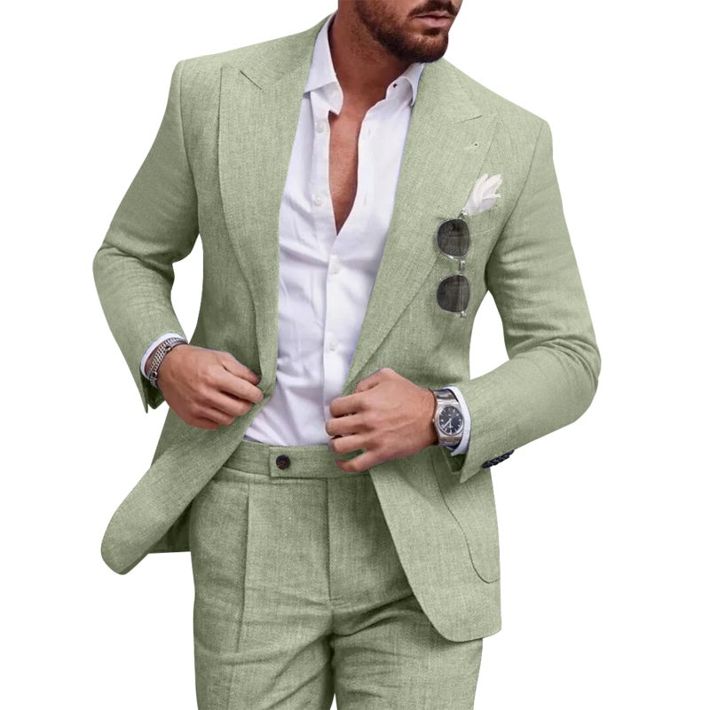 Diaryan Suit for Men Linen Green Classic Fit Blazer 2 Piece One Button Solid Jacket and Pants for Prom Wedding Business L
