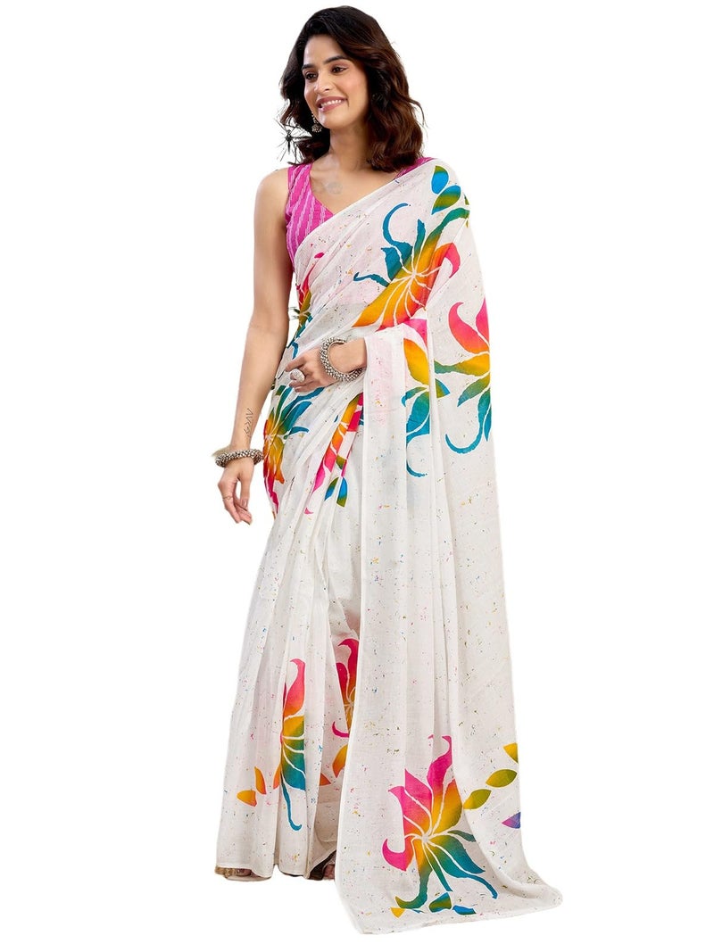 Satrani Women's Pure Cotton Printed Ready To Wear Saree With Pocket And Unstitched Blouse Piece (40RS152_White1) - Image 1