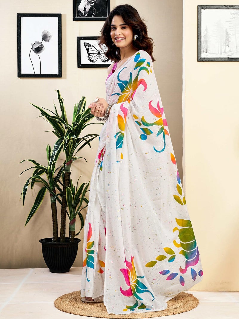 Satrani Women's Pure Cotton Printed Ready To Wear Saree With Pocket And Unstitched Blouse Piece (40RS152_White1) - Image 2