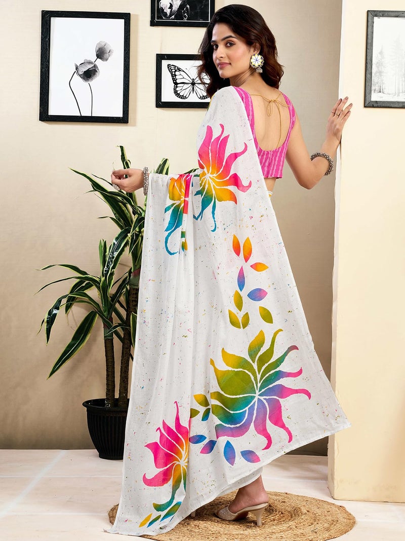 Satrani Women's Pure Cotton Printed Ready To Wear Saree With Pocket And Unstitched Blouse Piece (40RS152_White1) - Image 3