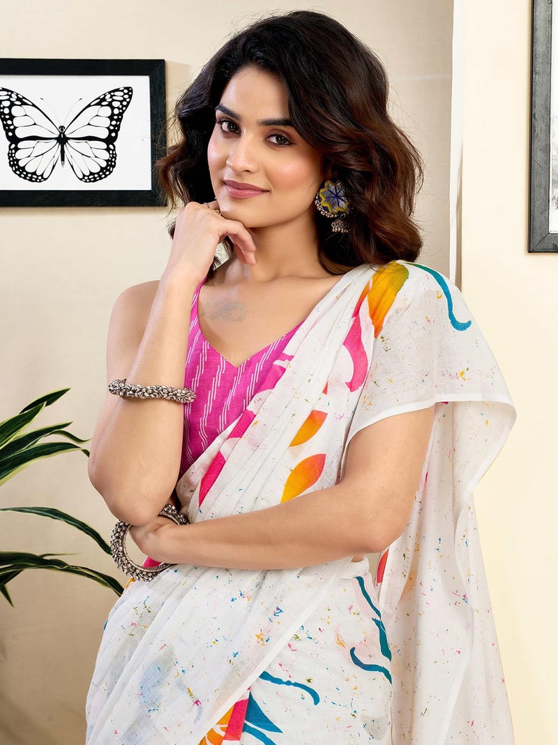 Satrani Women's Pure Cotton Printed Ready To Wear Saree With Pocket And Unstitched Blouse Piece (40RS152_White1) - Image 4