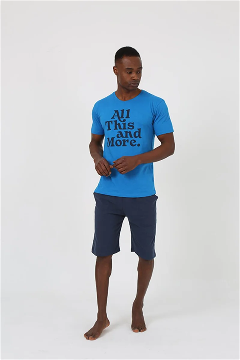 Akbeniz Men's Short Sleeve Sax Combed Cotton Shorts Pajamas Set 20372