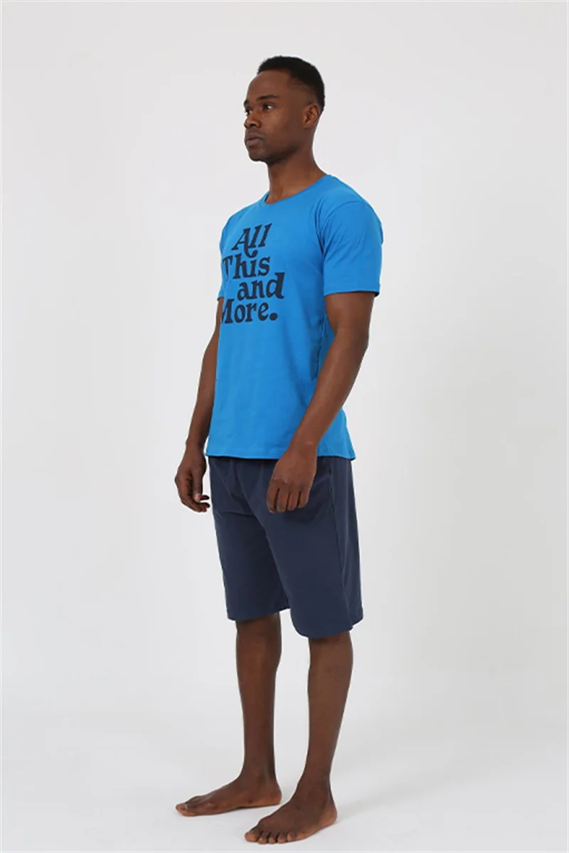 Akbeniz Men's Short Sleeve Sax Combed Cotton Shorts Pajamas Set 20372