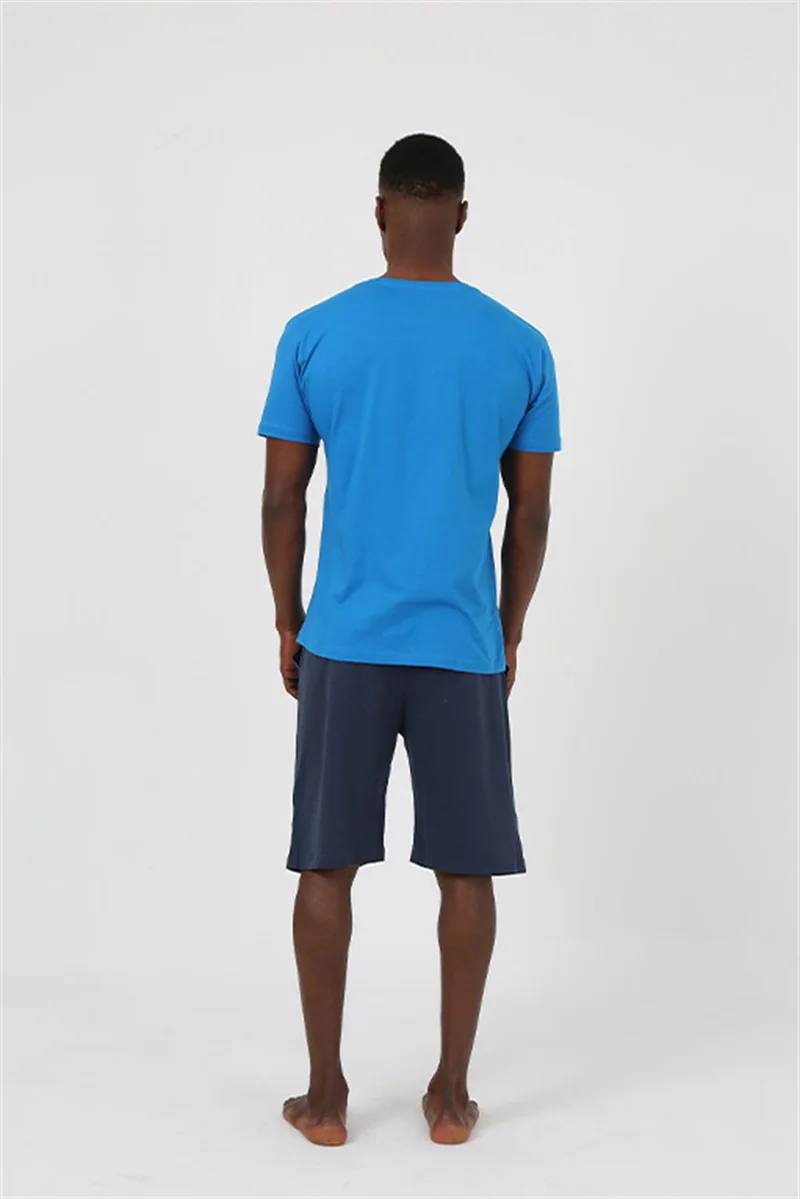 Akbeniz Men's Short Sleeve Sax Combed Cotton Shorts Pajamas Set 20372